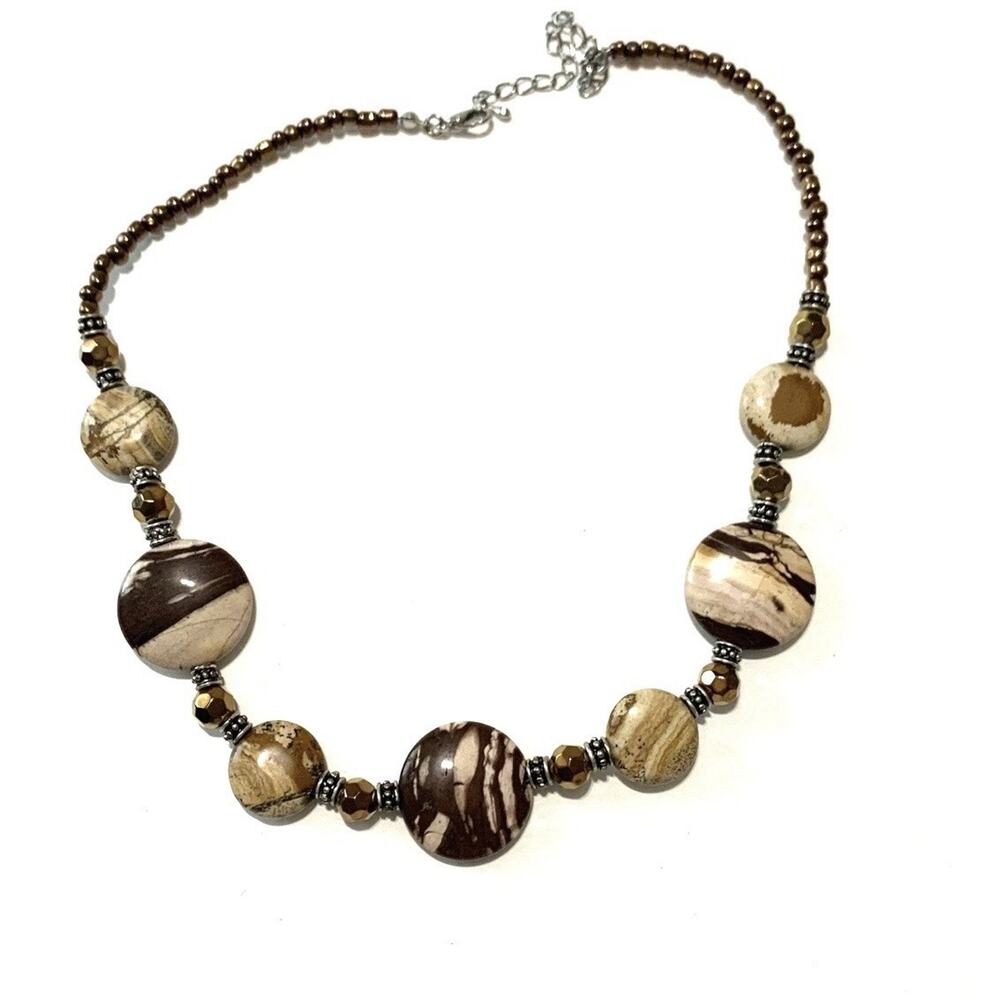 Vintage Y2K Picture Jasper Stone Disc Bead Necklace Brown Cream 16" Boho